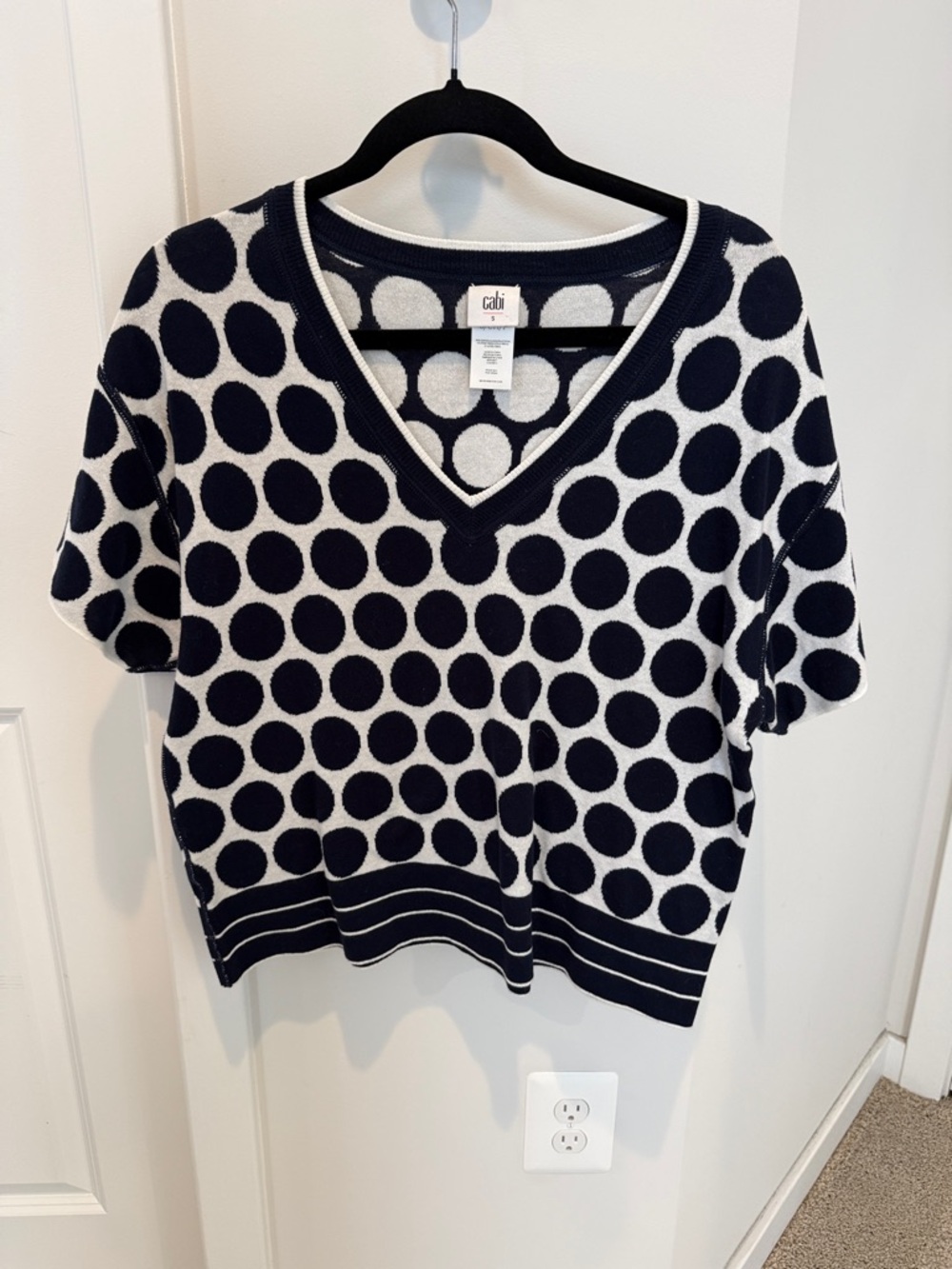 CAbi Navy and White Polka Dot V-Neck Short Sleeve Sweater